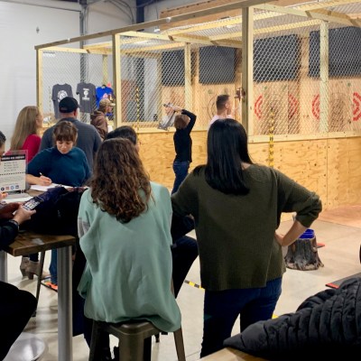 a group of people standing in a room